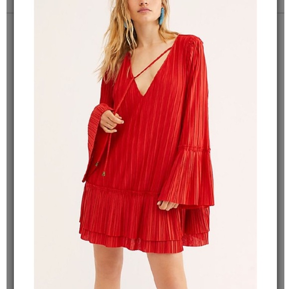 Free People Cherry Red Pleated Bell Sleeve Hippie Dress - S - Red - Picture 2 of 5